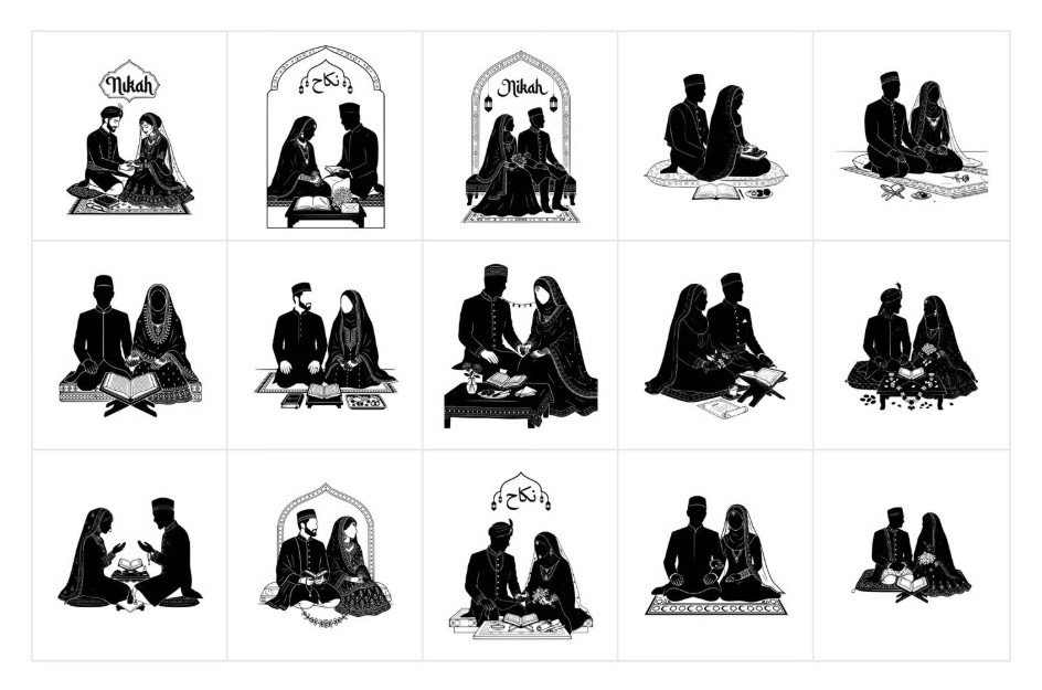 Islamic Nikah Couple Silhouette Vector Bundle – 25+ Elegant Muslim Wedding Elements (SVG &amp;amp;amp; CDR)